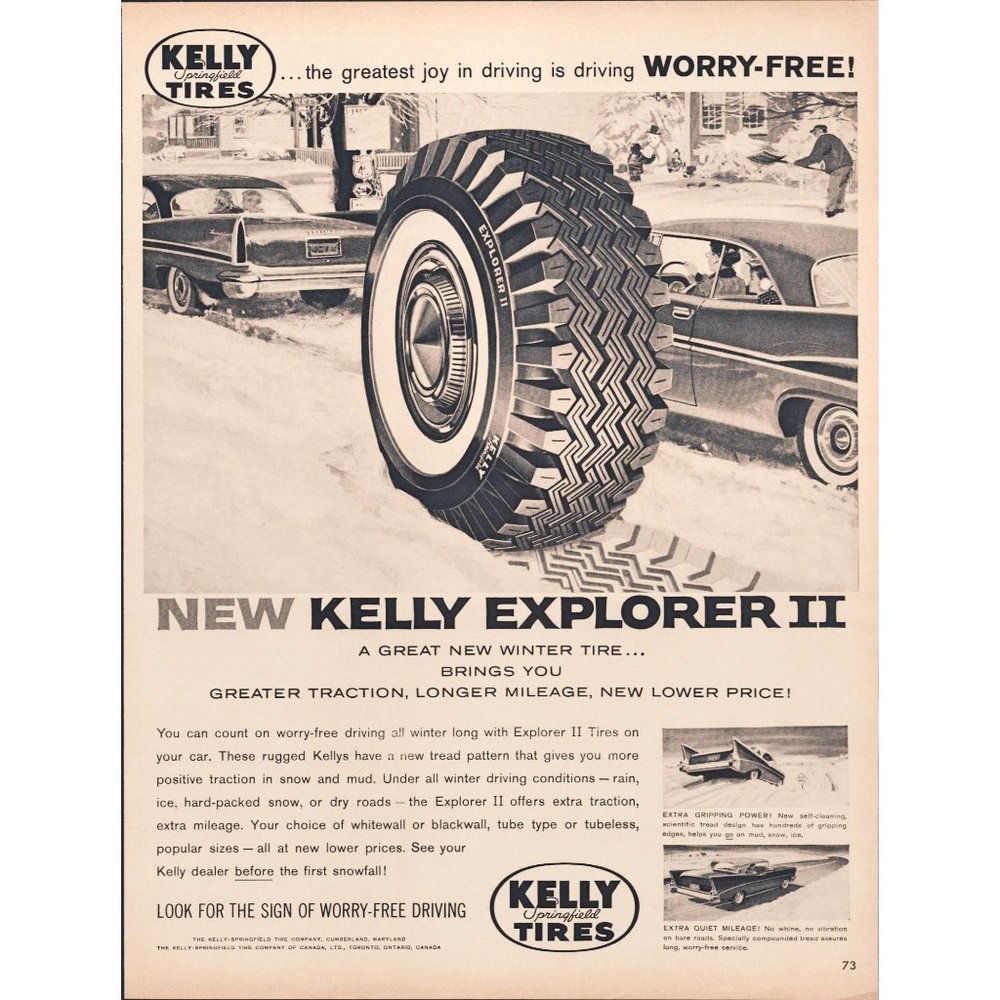 1959 Kelly Tires Explorer II Snow Tire Vintage Print Ad Winter Shoveling Art 50s